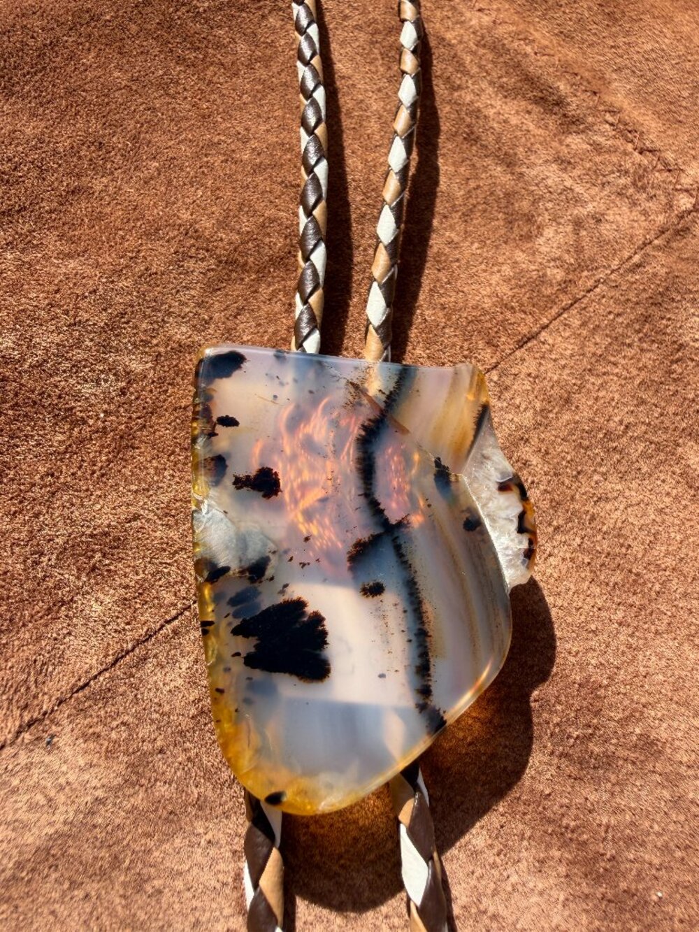 Western Bolo Tie Amber Gray Dendritic Stone Slice Multicolor Cord NFR